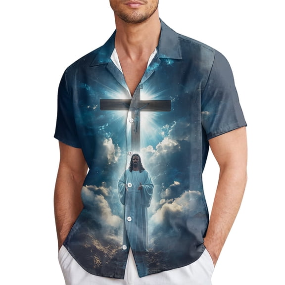 Mens Easter Tee Fashion Crewneck Graphic Shor Lapel Fully Printed Beach Vacation Clothes for Men,Blue,L
