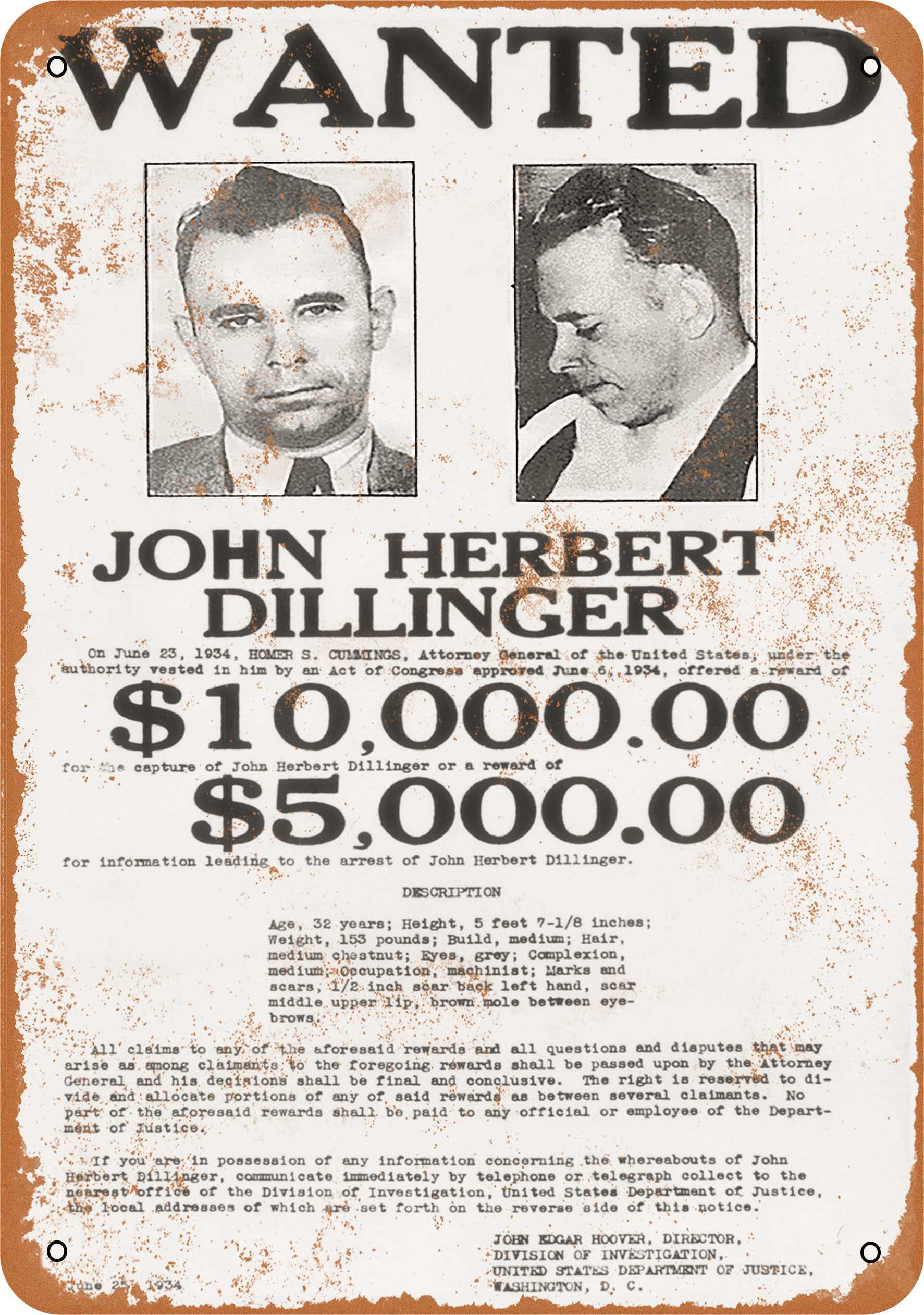 10 x 14 METAL SIGN - John Dillinger Wanted Poster - Vintage Rusty Look ...