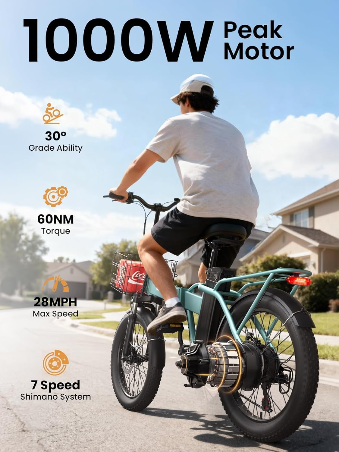 Folding Electric Bikes for Adults 1000W Peak Motor up to 70 Miles Range 28 mph Max Speed 20" x 3.0" Fat Tire Foldable Ebikes 48V 13.5AH Removable Battery 7-Speed E-Mountain Bikes, UL2849 by SGS