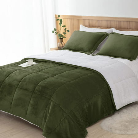 Ultra-Soft Micromink Sherpa Comforter Set Full/Queen, Soft Plush Warm Spring Winter Down Alternative Bedding Comforter Sets St Patricks Olive Green 3 Piece (1 Comforter and 2 Pillow Shams)