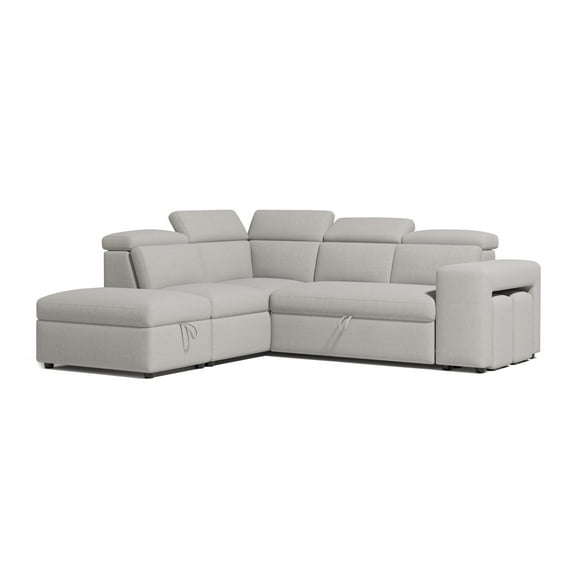 Valencia Finn Fabric Sectional Sofa Bed with Left Hand Storage| Adjustable Headrest, Hidden Storage Compartments, Two Extra Stools, Light Grey