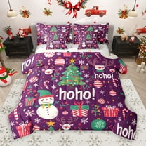 Manfei Cartoon Christmas Snowman 7pcs Bedding Comforter Set,Merry Xmas Queen Bedding Sets,Purple Pink White Queen Sheet Sets For Girl Boys Kids,Super Cozy Room Decor Reversible