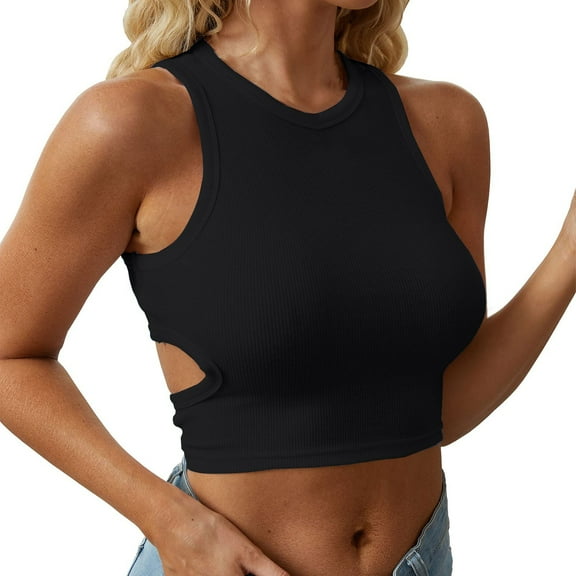 yunLCZ Basic T Shirts Womens Summer Tops Cutout Sleeveless Crewneck Racerback Ribbed Knitted Crop Tank Top Women's Short Sleeve Shirts Black L