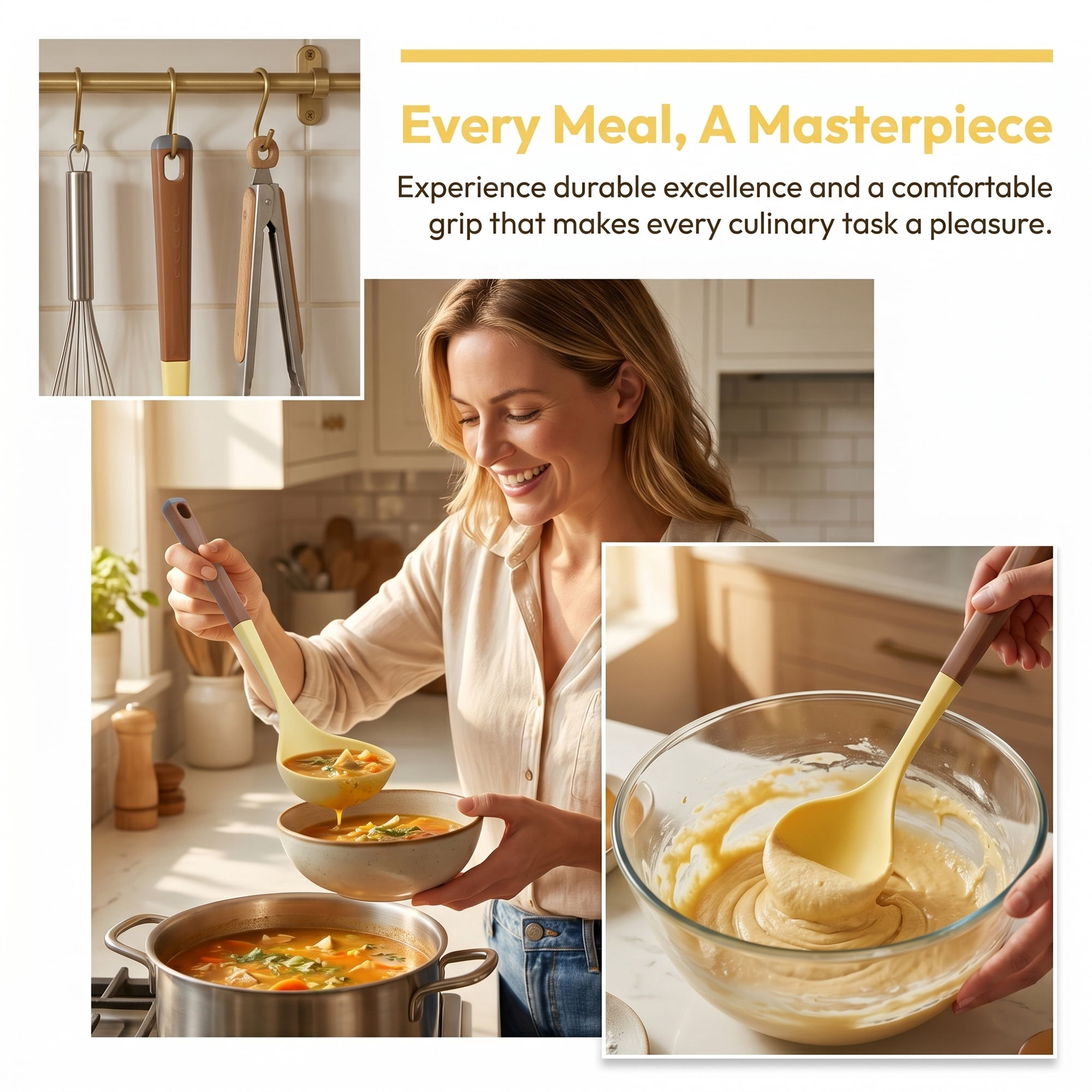 Unique Bargains Non Stick Heat Resistant Kitchen Tool Silicone Spoon Yellow 12.2" x 3.1"