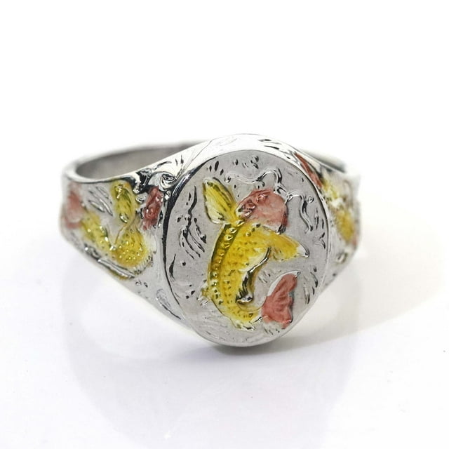Up to 65% Off Gold Three-dimensional Relief Goldfish Ripple Ring Men's Two-color Personality Necklace Rings Earring Jewelry on Clearance