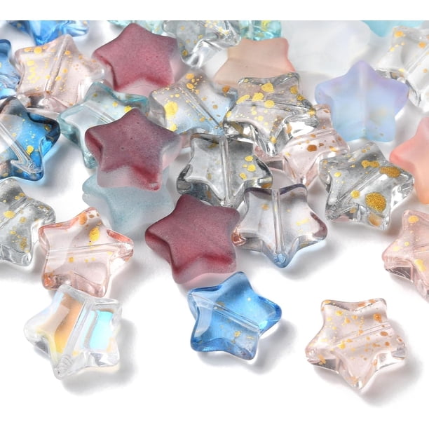 100 dijes de estrella de cristal transparente, liso y esmerilado, colores surtidos. Medidas: 12,5 x 13 x 5 mm. Orificio: 1 mm.