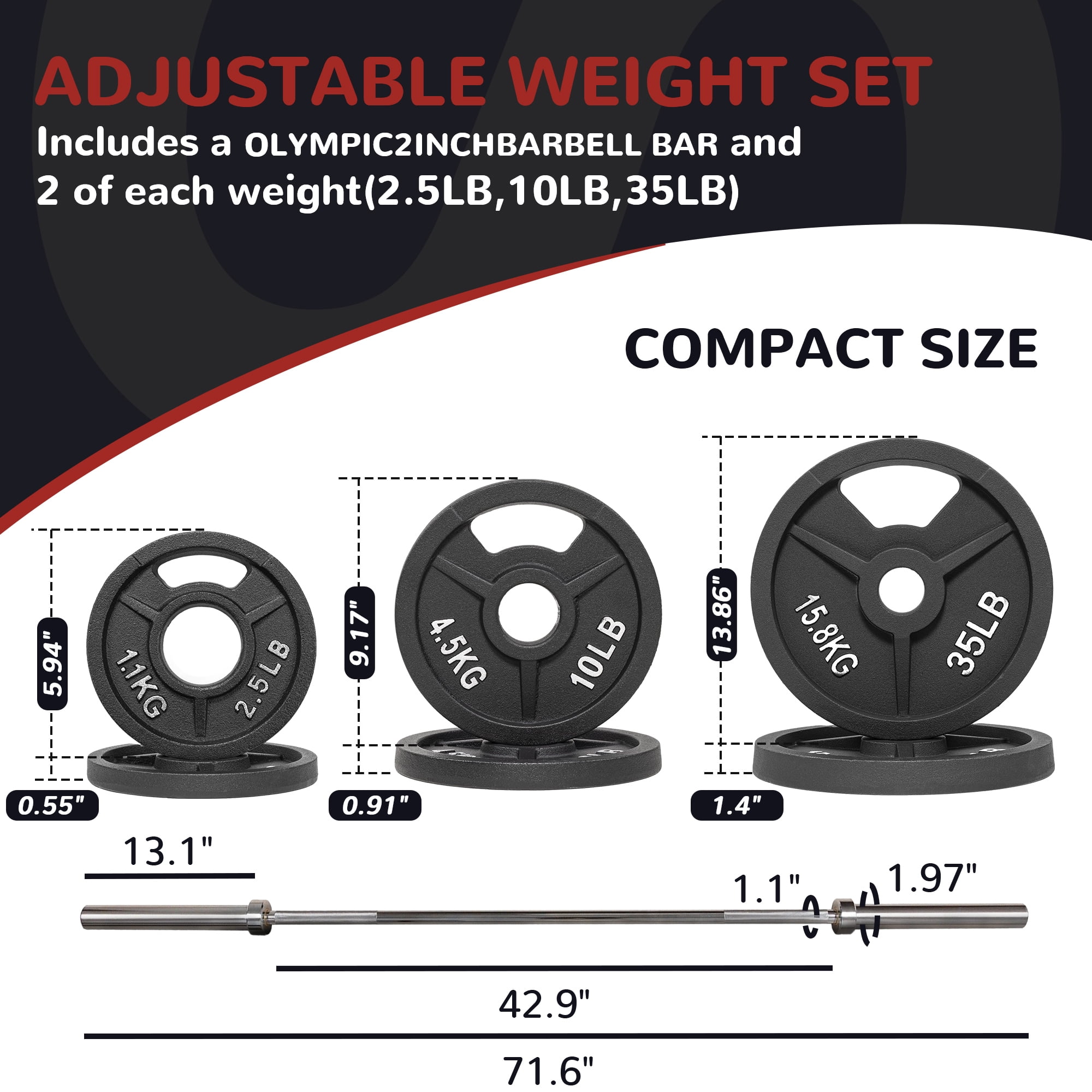FlexWave 70LB-210LB barbell plate set, 6-foot Olympic bar + cast iron barbell plate, waterproof double scale, home and commercial use can meet a variety of needs