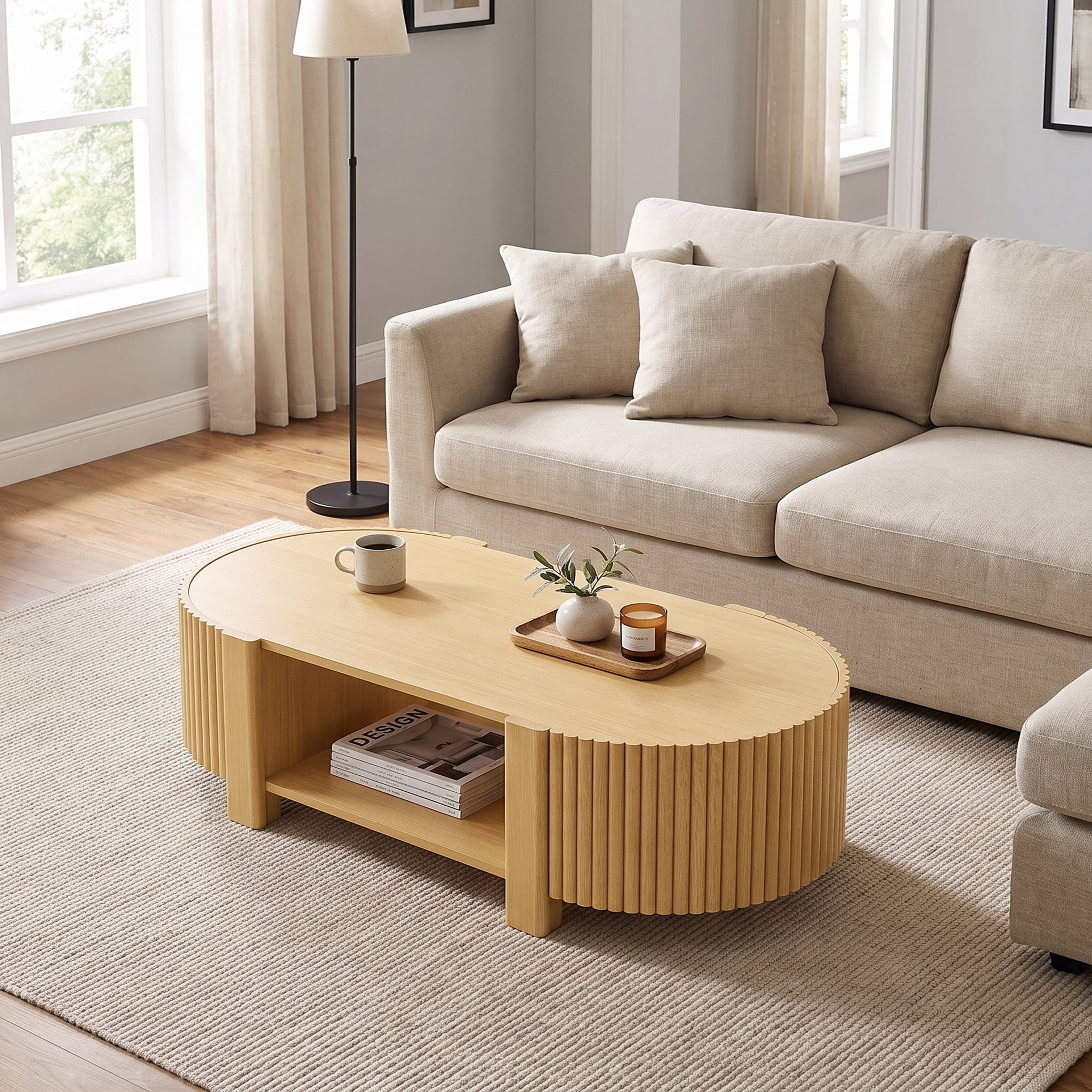 Homy Casa 47 in Fluted Coffee Table with Storage Cabinets and Open Shelf, Natural Oak