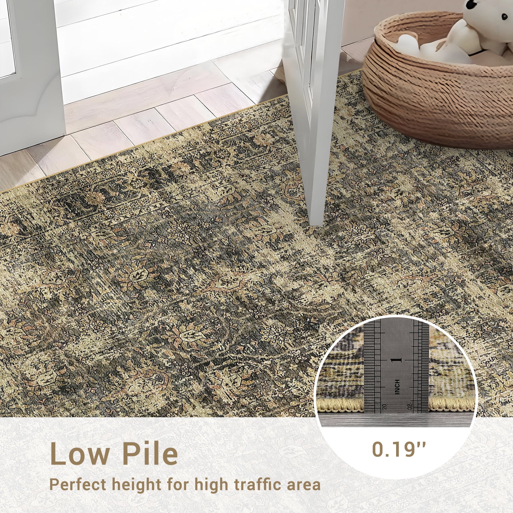 FairOnly 5'x7'Oriental Distressed Area Rug Machine Washable Non Slip Vintage Soft Indoor Floor Cover for Living Room Bedroom Office Study Room,Green