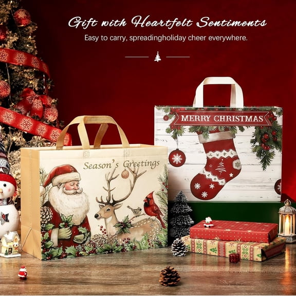 12 Pack Extra Large Christmas Gift Bags, Reusable Non-Woven Tote Bags with Handles, -Friendly & Waterproof