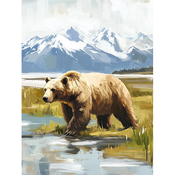 Grizzly Bear Mountain Landscape Canvas Wall Art,Suitable for Living Room,Office,Bathroom,Hallway Decoration.