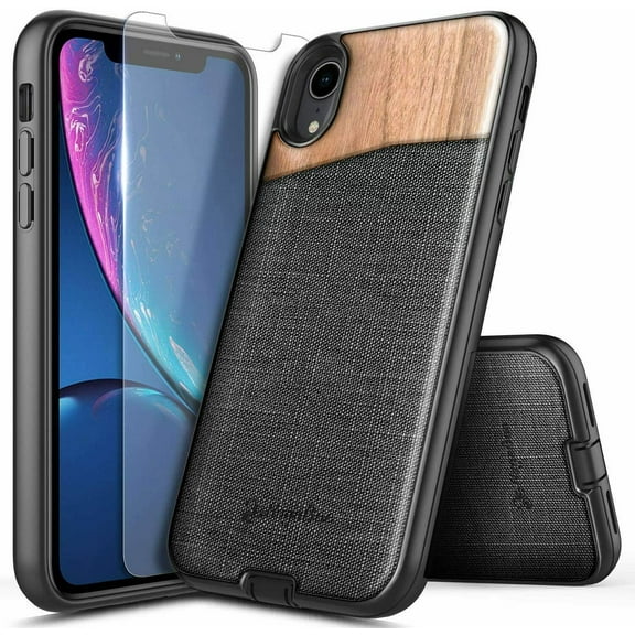 For iPhone Xs Max Case with Tempered Glass Screen Protector, Nagebee Premium [Natural Walnut Wood] with Canvas Fabrics, Protective Durable Phone Case -Wood