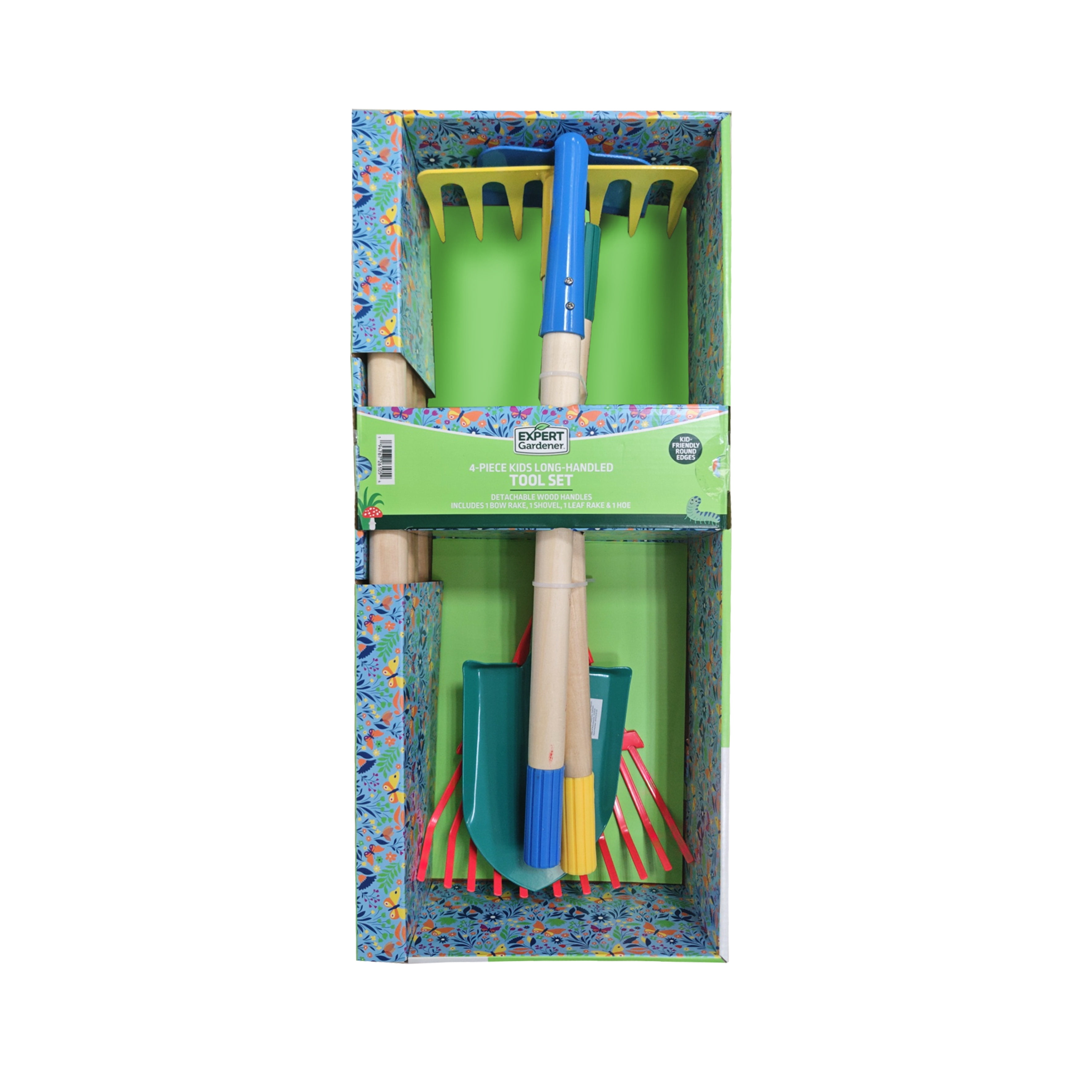 Expert Gardener 4-Piece Kids Long Handle Gardening Tool Set, Hoe, Bow Rake, Leaf Rake, Shovel