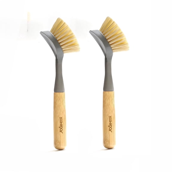 2 Pack Kitchen Dish Brushes with Bamboo Handle, Dish Scrubber Built-in Scraper, Scrub Brush for Pans, Pots, Counter & Kitchen Sink Cleaning, Dishwashing and Cleaning Brush Tools