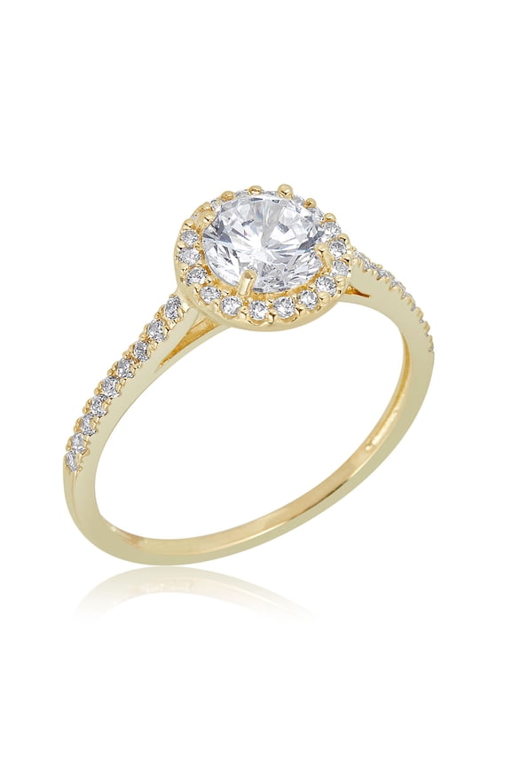 AVORA 10K Yellow Gold April Birthstone- White Sapphire with Simulated Diamond CZ Halo Fashion Ring  - Size 7.5