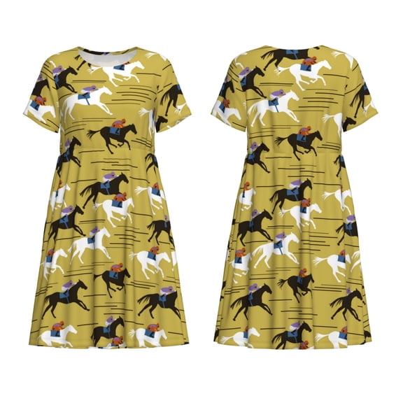 Horeoi Horsemen In Horseraces Print Women's Short Sleeve Dress Breathable Polyester-Spandex All-Over Print A-Line Side Pockets Elastic Waist