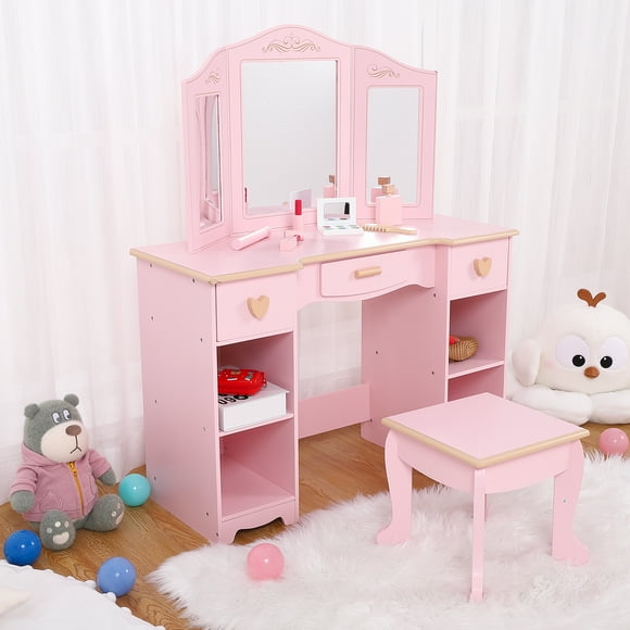 EDTara Coiffeuse pour Filles, Table de Maquillage en Bois pour Enfants avec Miroir, Tabouret, Tiroir et Étagères Ouvertes, Mobilier de Jeu d'Imitation