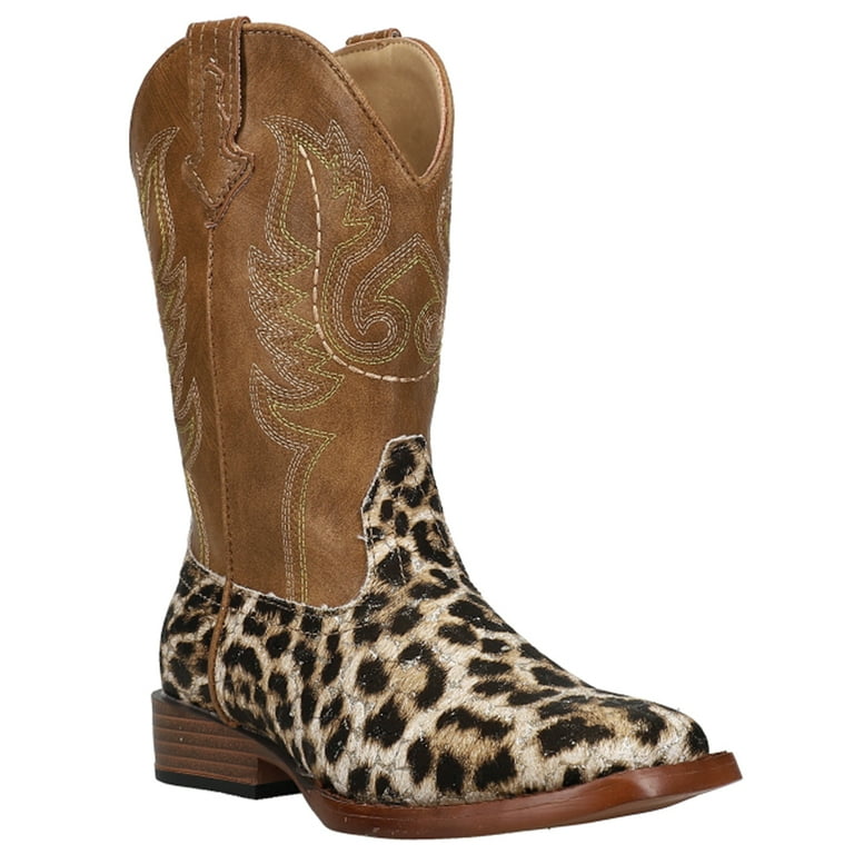 Roper Girls Glitter Leopard Square Toe Cowboy Mid Calf Boots