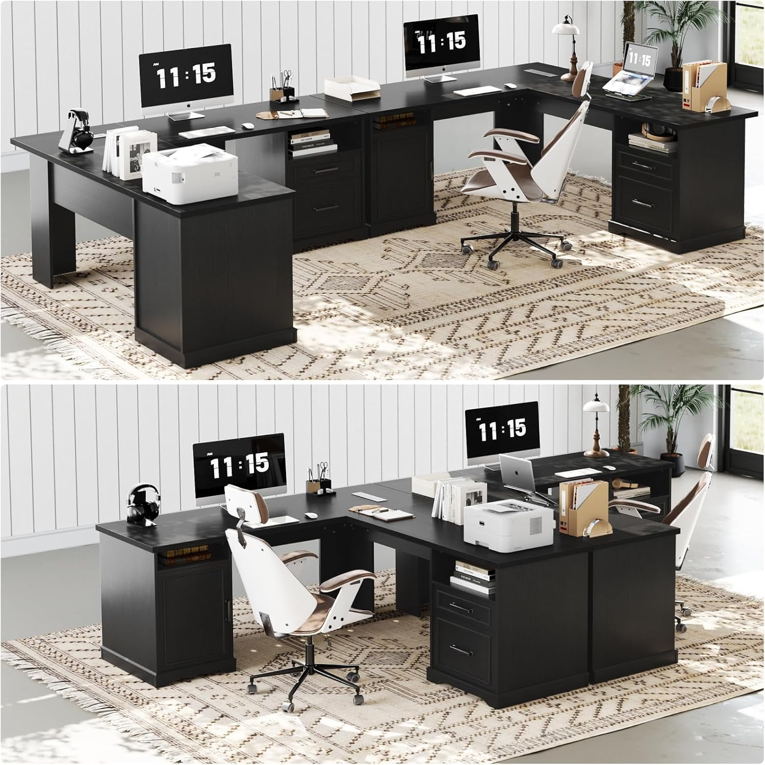 Homieasy L Shaped Executive Desk with File Drawers, 60" Corner Computer Desk with Power Outlets, Large 2 Person Home Office Table with Storage Cabinet, Sturdy Writing Desk, Black
