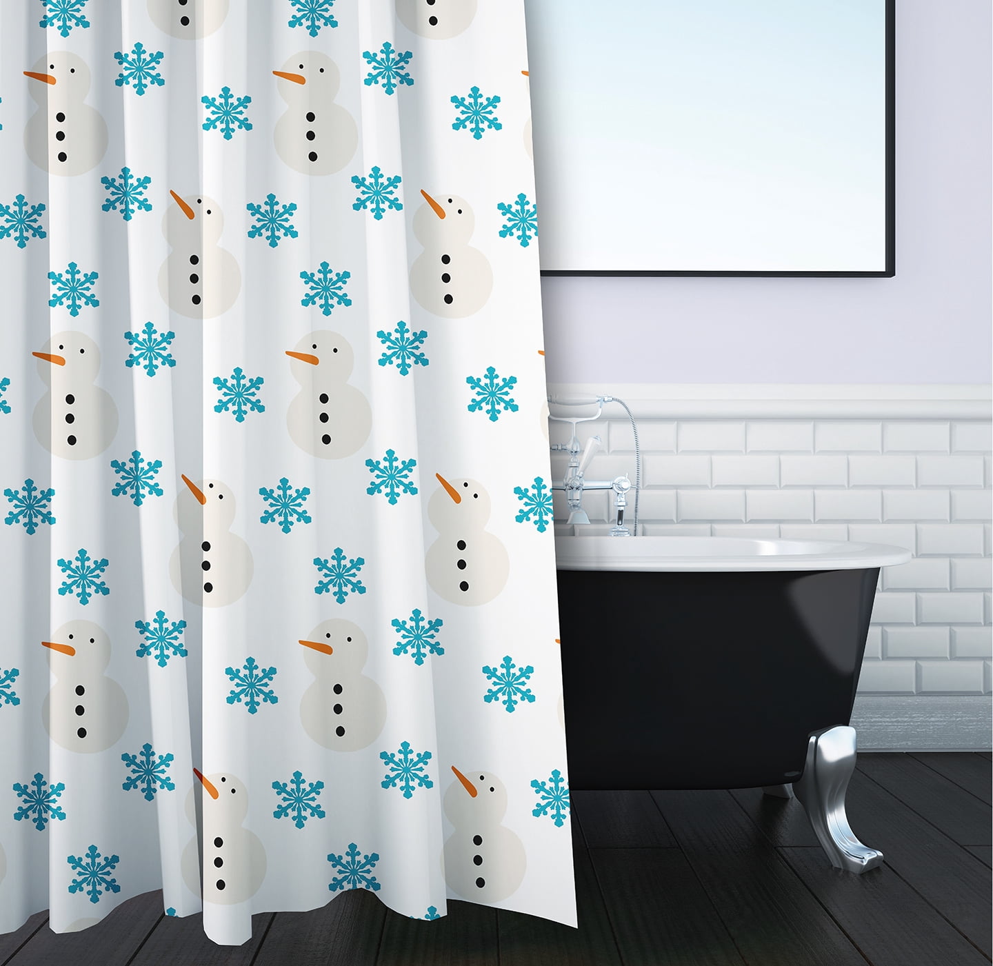 Simply Daisy 70" W x 73" L Snow Men In Snowstorm Polyester Shower Curtain, Turquoise [1 Ct]
