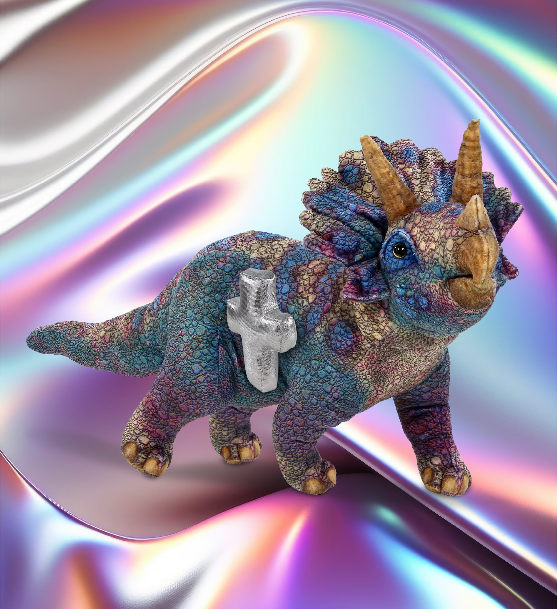 DolliBu Wild Collection Triceratops Dinosaur Stuffed Animal with Silver Cross Plush - Baptism Gifts for Boys and Girls, Dedication Christening Gifts Plush Prayer Toy Healing Stuffed Animal - 23 Inches