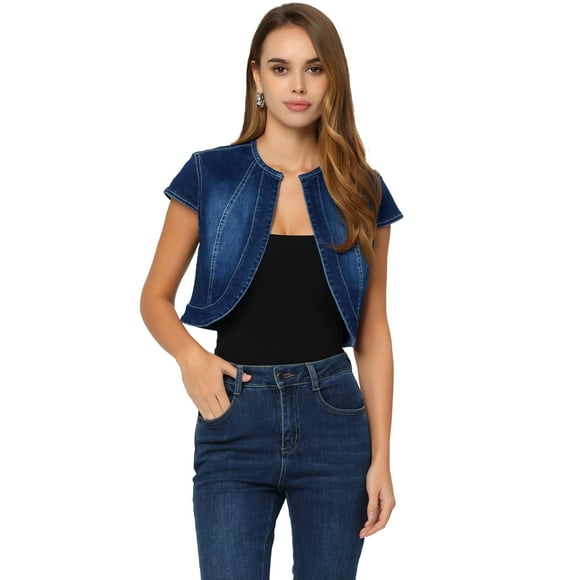 Chaqueta de mezclilla corta mujer Allegra K azul oscuro