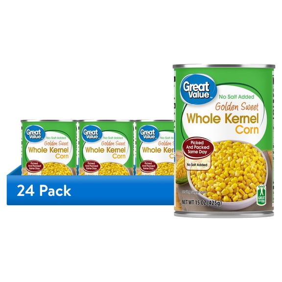 (24 pack) Great Value No Salt Added Golden Sweet Whole Kernel Corn, 15.25 oz