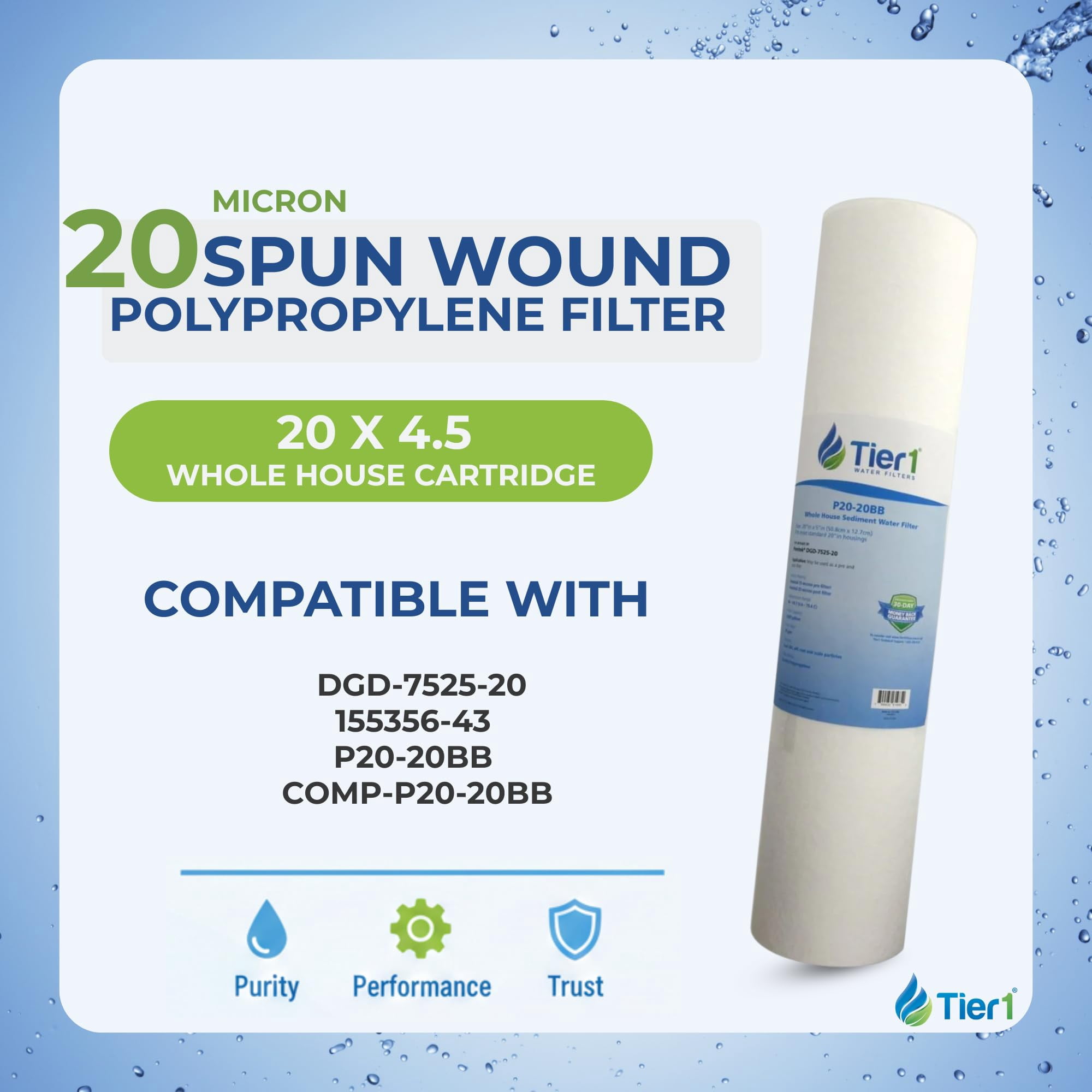 Tier1 20 Micron 20 Inch x 4.5 Inch | 4-Pack Spun Wound Polypropylene Whole House Sediment Water Filter Replacement Cartridge | Compatible with Pentek DGD-7525-20, 155356-43, Home Water Filter