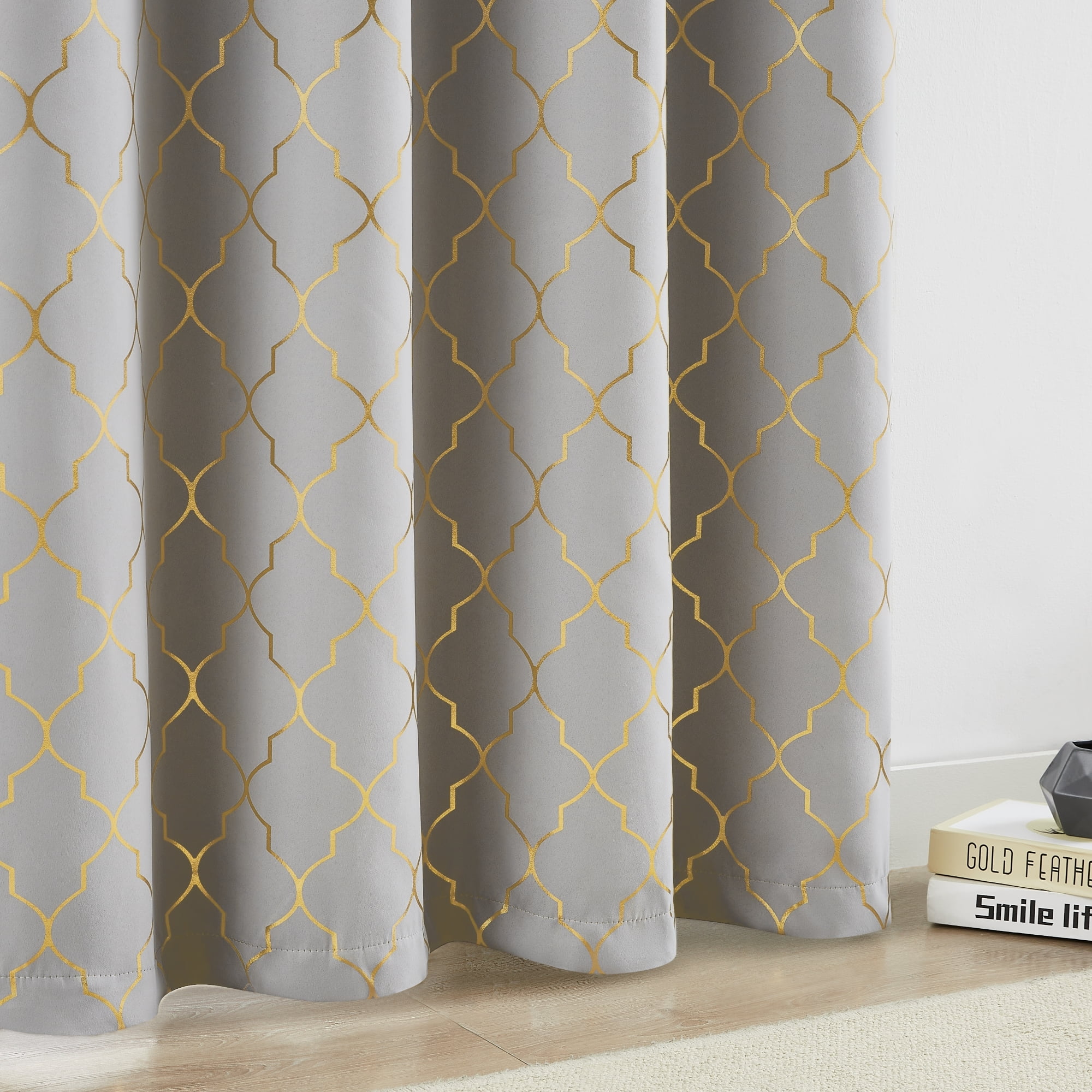 Bohogeo Grey Full Blackout Window Curtain Panels with Gold Geo Moroccan Metallic Printed Pattern,Modern Grommet Drapes for Bedroom,Thermal Insulated Window Treatment,52" Wx84 L(Pack of 2),Grey/Gold