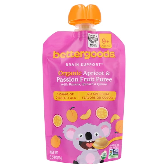 bettergoods Organic Stage 3 Baby Food Brain Support Blend, Apricot and Passion Fruit Puree, 3.5 oz Pouch