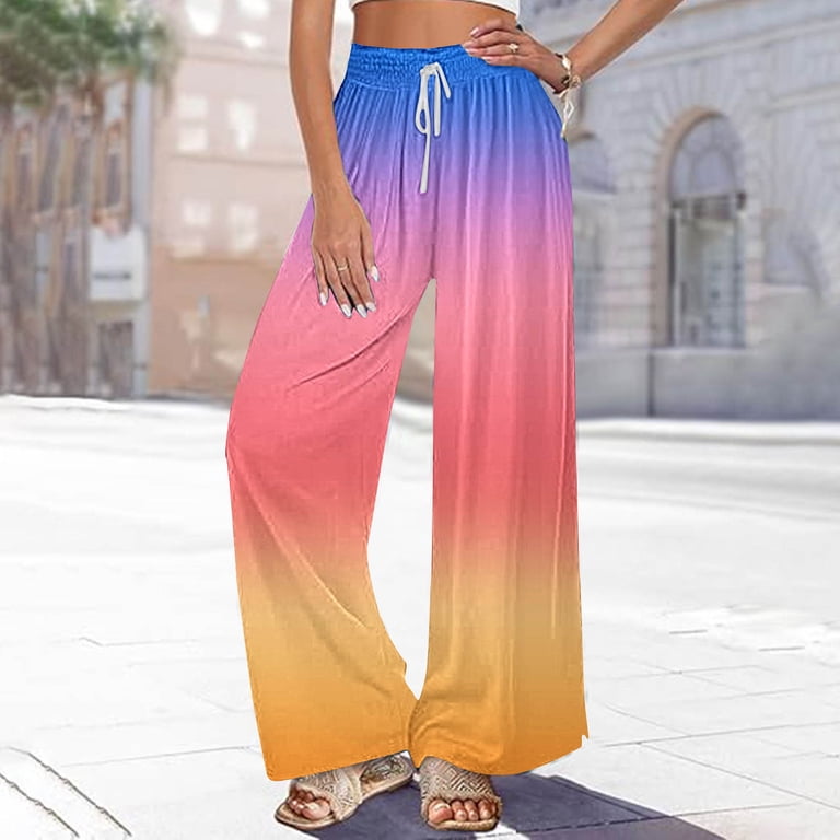 USNSM Wide Leg Pants for Women Rainbow Colored Drawstring Stretchy