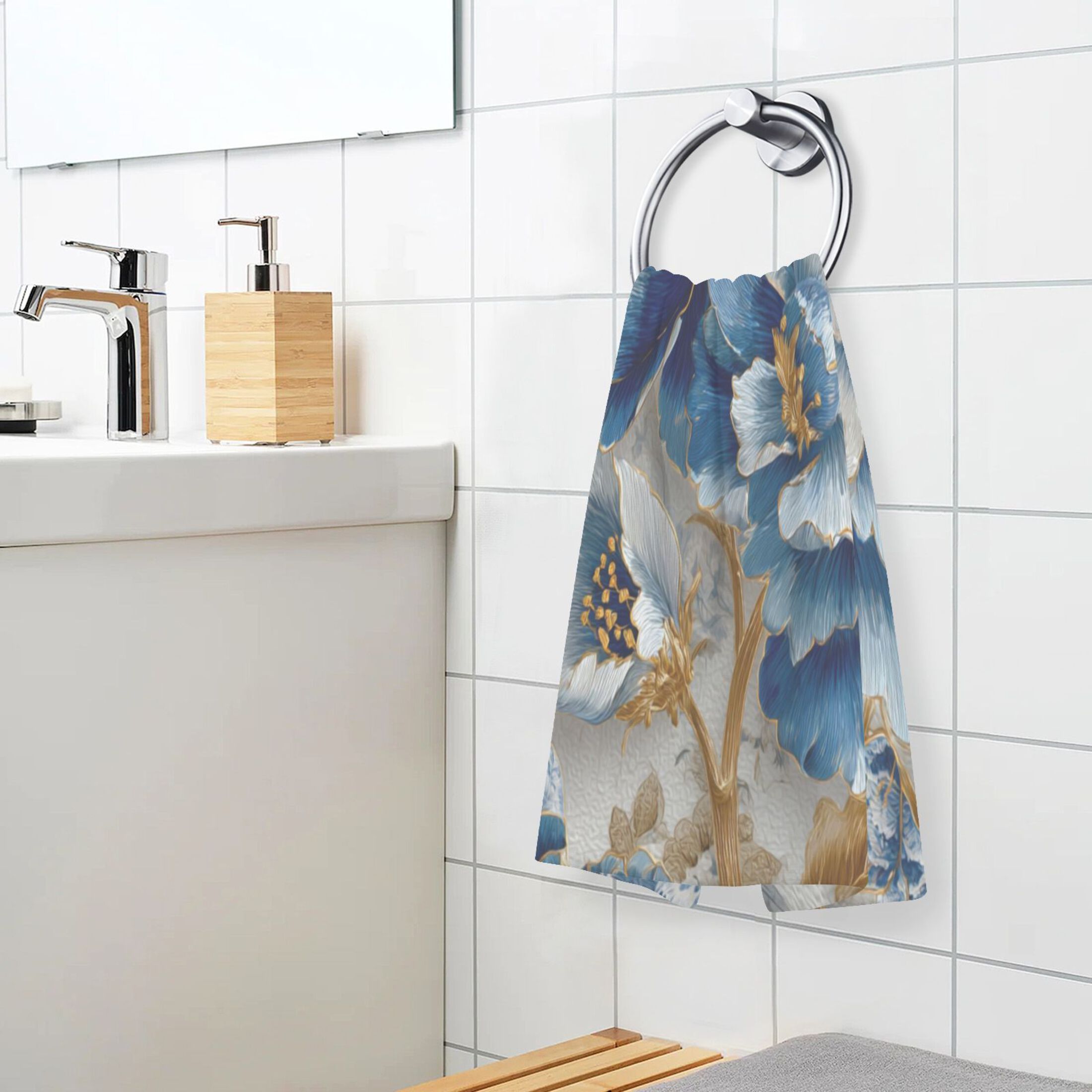 2 Pieces of Cotton Towel Face Towel Set Hand Towel Bath Towel Cotton Bath Towel Sets Blue White Flowers