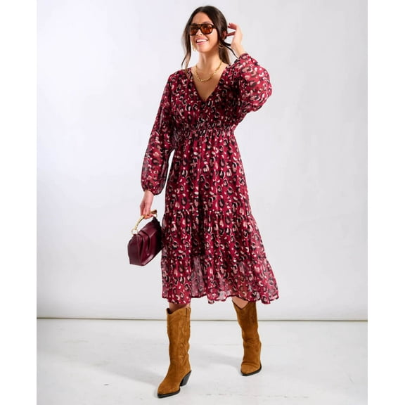 Red Leopard Tiered Chiffon Midi Dress