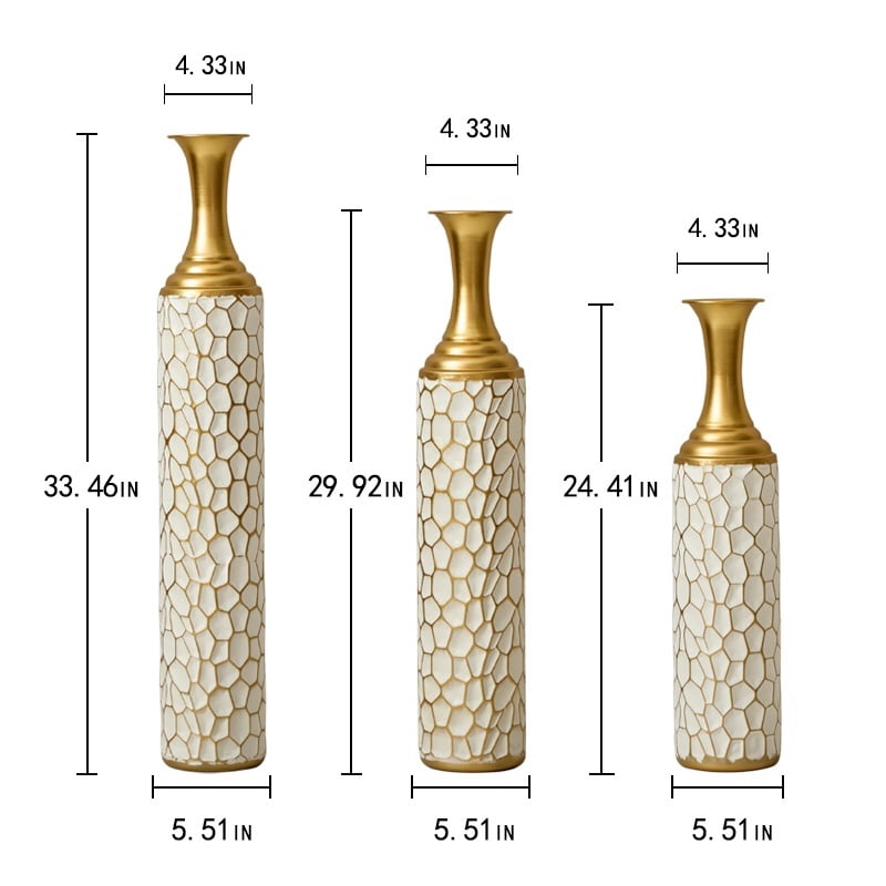 Aukfa Metal Decorative Tall Floor Vase,Set of 3 Large glazed Vases,24.41"/ 29.92"/33.46" H,Gold