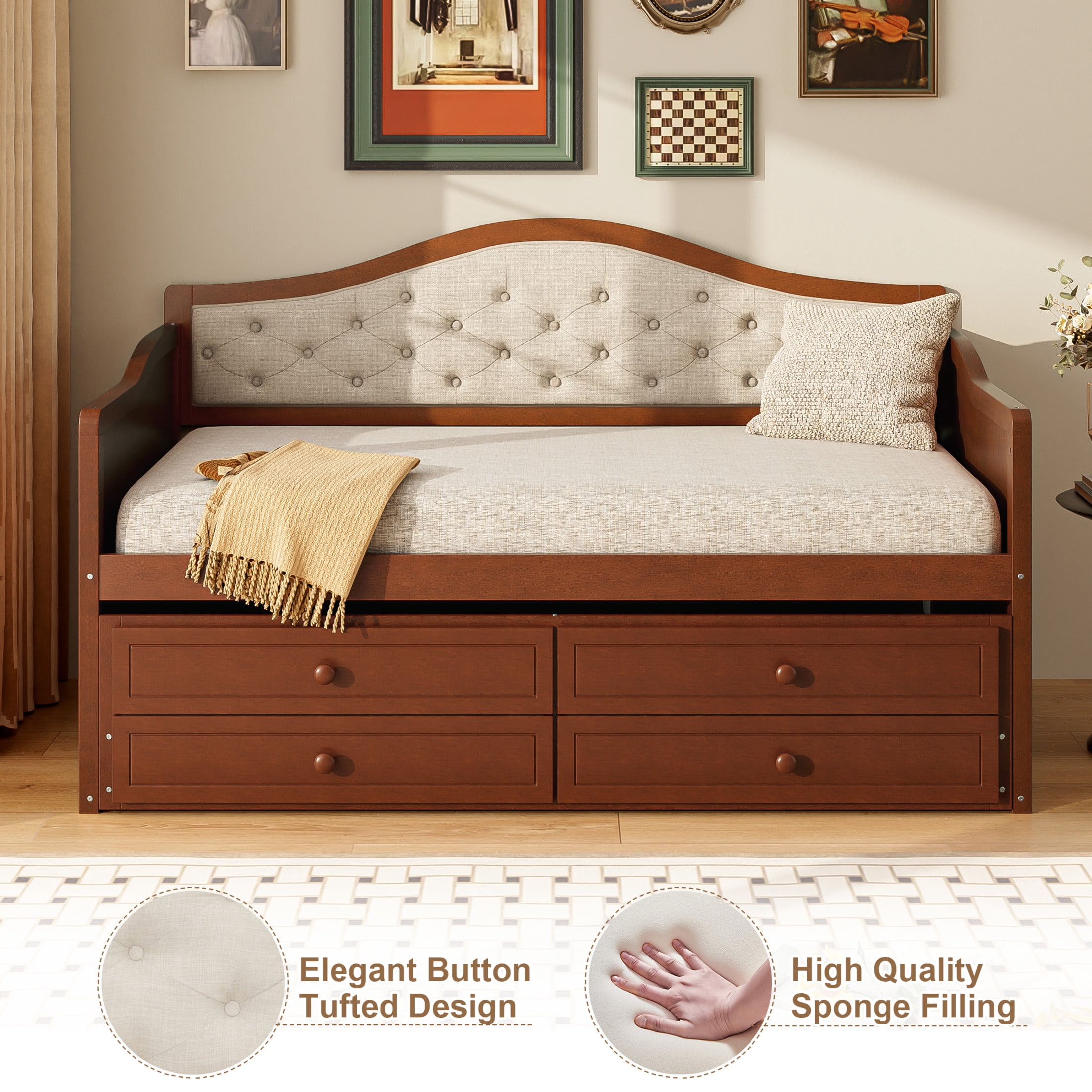 Noble House Twin Daybed with Trundle, 2 Storage Drawers, Upholstered Tufted Backrest, Walnut