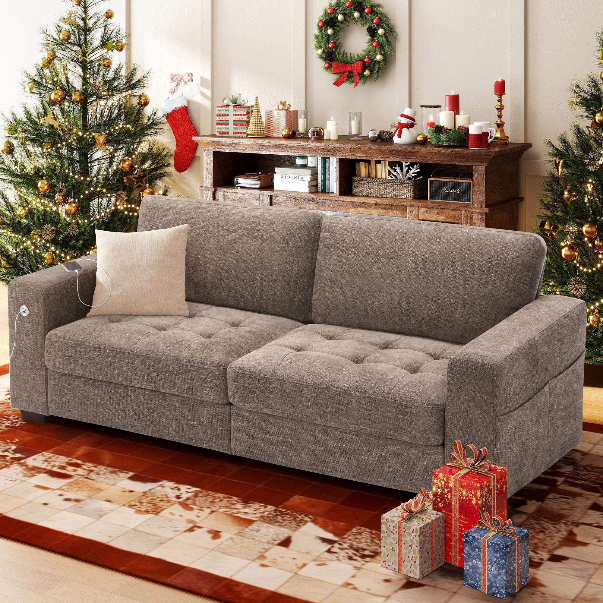 Bedluxury 89" Deep Sofa Couch with USB/Type-C Charging, Storage Pocket & Wide Armrest, Removable Cover, Seats 3 Adults, Chenille Brown