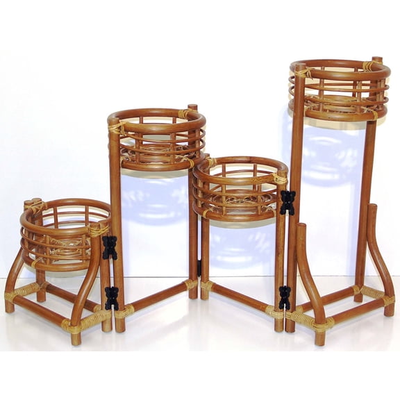 Handmade Rattan Wicker Plant Flower Stand Natural 4 Tier Planter Cognac Color