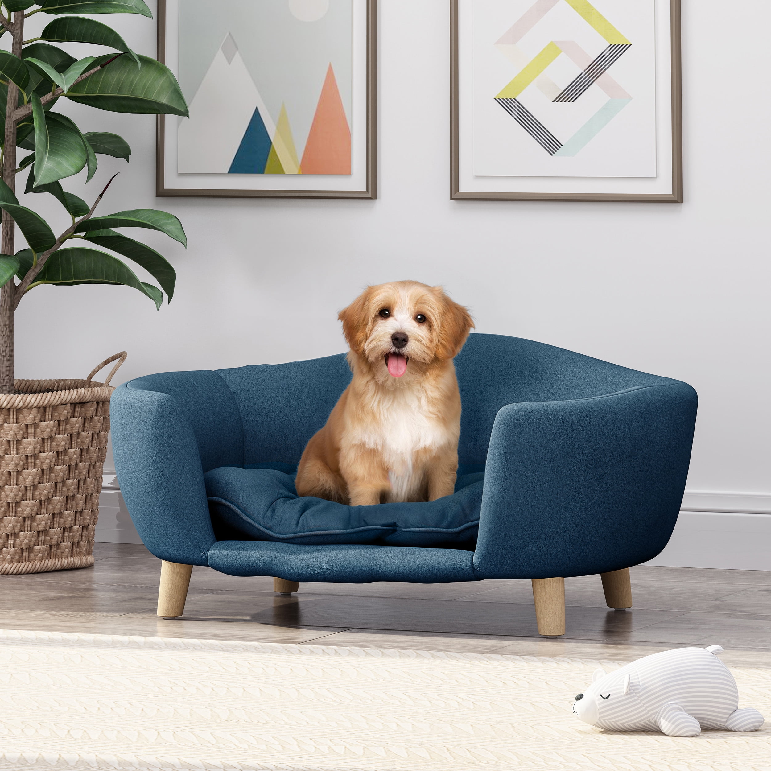 Noaman Mid-Century Modern Dog Bed with Birch Wood Legs & Plush Tufted Cushion, Navy Blue, 30.25in x 21.75in x 14in, Perfect for Small Dogs 11-25lbs