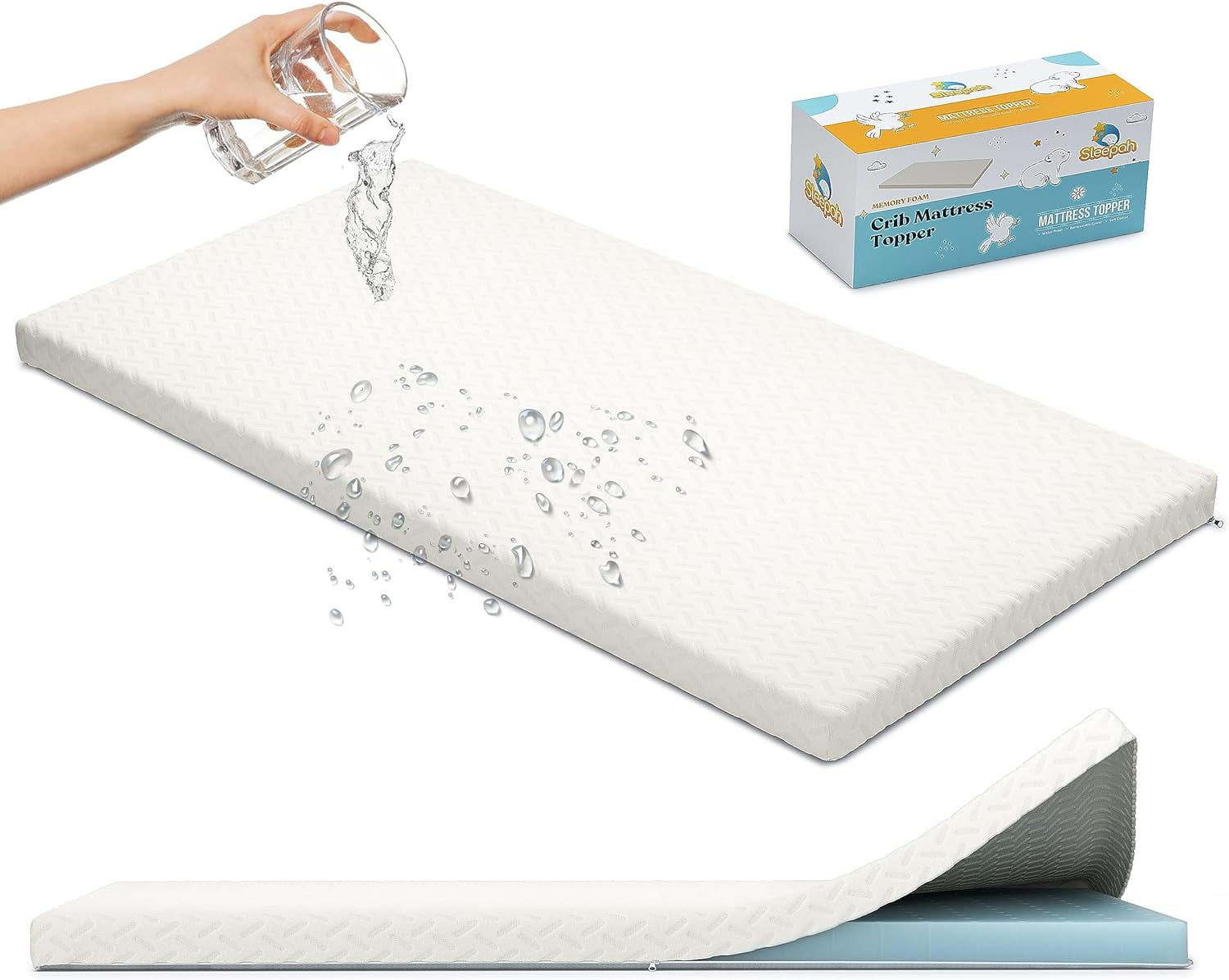 2" Crib Mattress Topper Memory Foam - Waterproof Breathable Soft Washable Cover 52" x28" x 2" Fits Standard Size Cribs & Toddler Beds by Sleepah