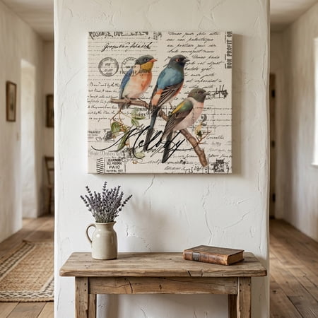 Ships Next Day Canvas Wall Art 16 x16 Country Birds Wood Framed Canvas Print Painting Envelope Postmark Vintage Farmhouse Botancial Ready to Hang Picture Wall Decor for Home Bedroom Kitchen Office