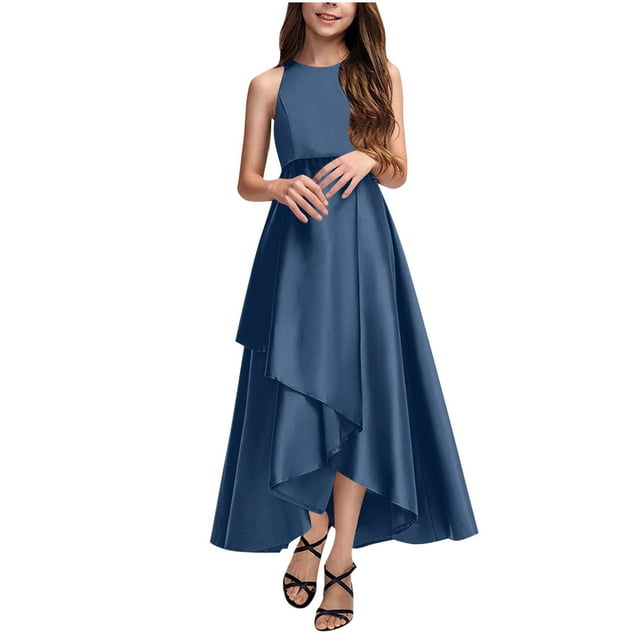 Bwiyojiz Tailles Mode 110-160 Robe de Performance Confortable Unie pour Filles Sans Manches à Col Rond Jupe Longue pour Enfants, Bleu