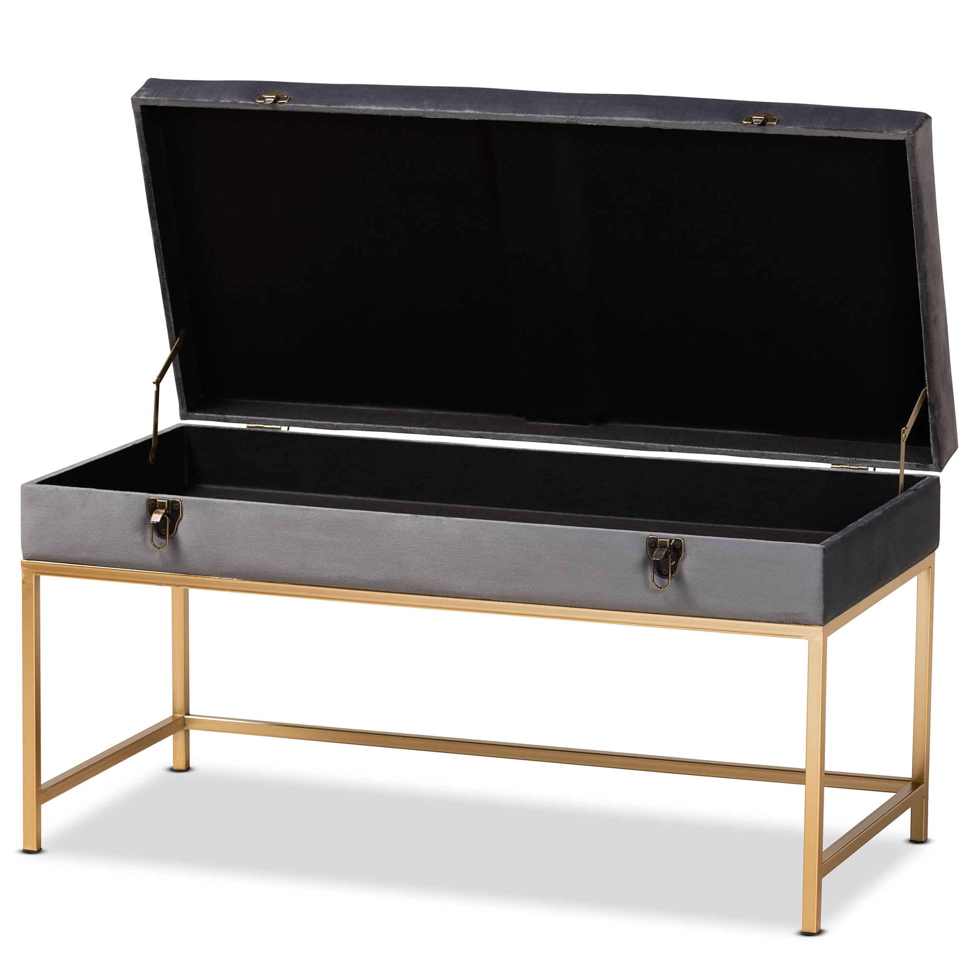 Baxton Studio Aliana Glam and Luxe Grey Velvet Fabric Upholstered and Gold Finished Metal Large Storage Ottoman