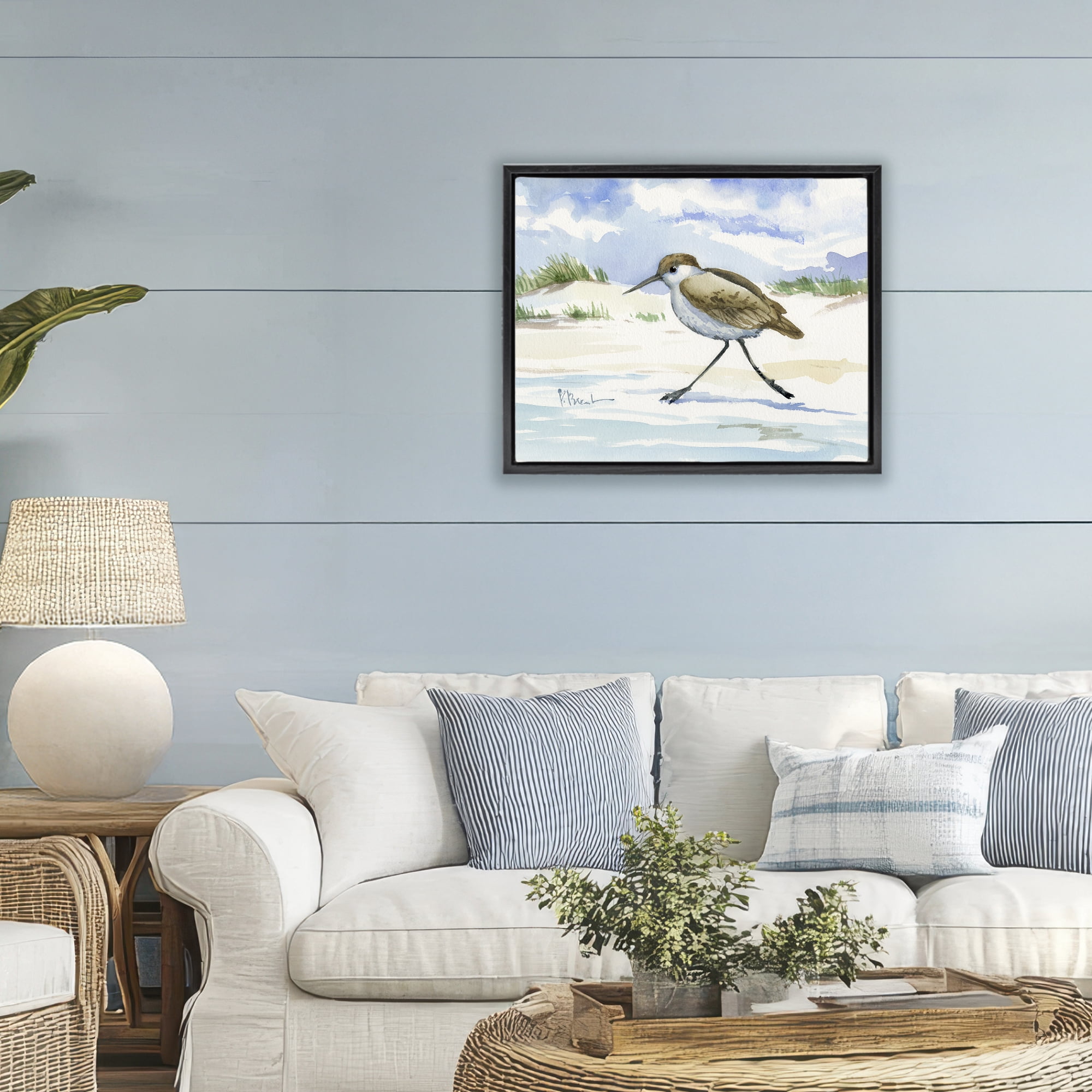 Stupell Industries Inlet Beach Sandpiper Running Black Framed Floater Canvas Wall Art, design by Paul Brent
