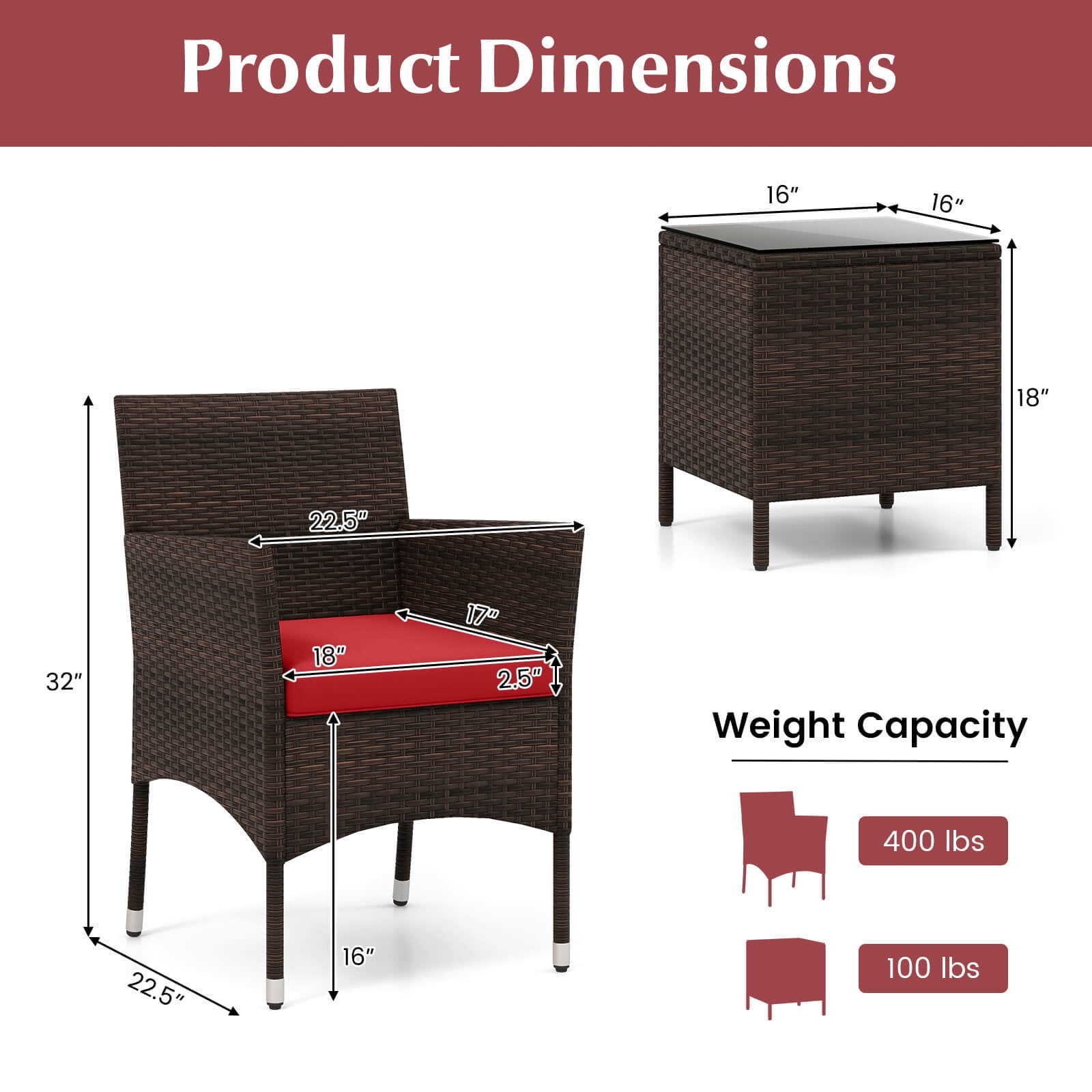 Costway 3PCS Patio Rattan Furniture Set Cushioned Sofa Glass Tabletop Deck Red