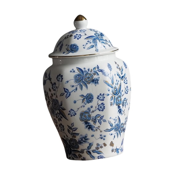 Ginger Jar,Ceramic Ginger Jar Vase with Lid vase,Porcelain Jar Decor Bud Vase canister home,Chinese Blue White Vase Centerpiece Temple Jar,Blue and White Porcelain Ginger Jar with Lid,Tea