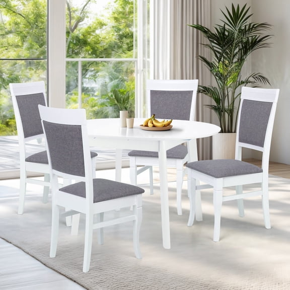 Dining Table Set for 4, Classic Style Solid Wood Ronda Chairs w Extendable Round Table, Kitchen Room Set, White Color w Gray Fabric