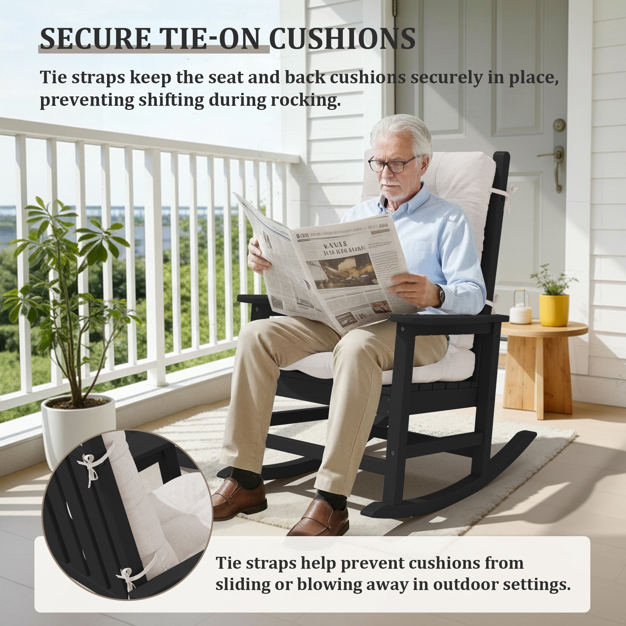 FUNDAZE Outdoor Chair Cushion, 47"L x 19.9"W 2 Piece Cushion W/ Ties for Indoor Outdoor Rocking Chairs, Beige