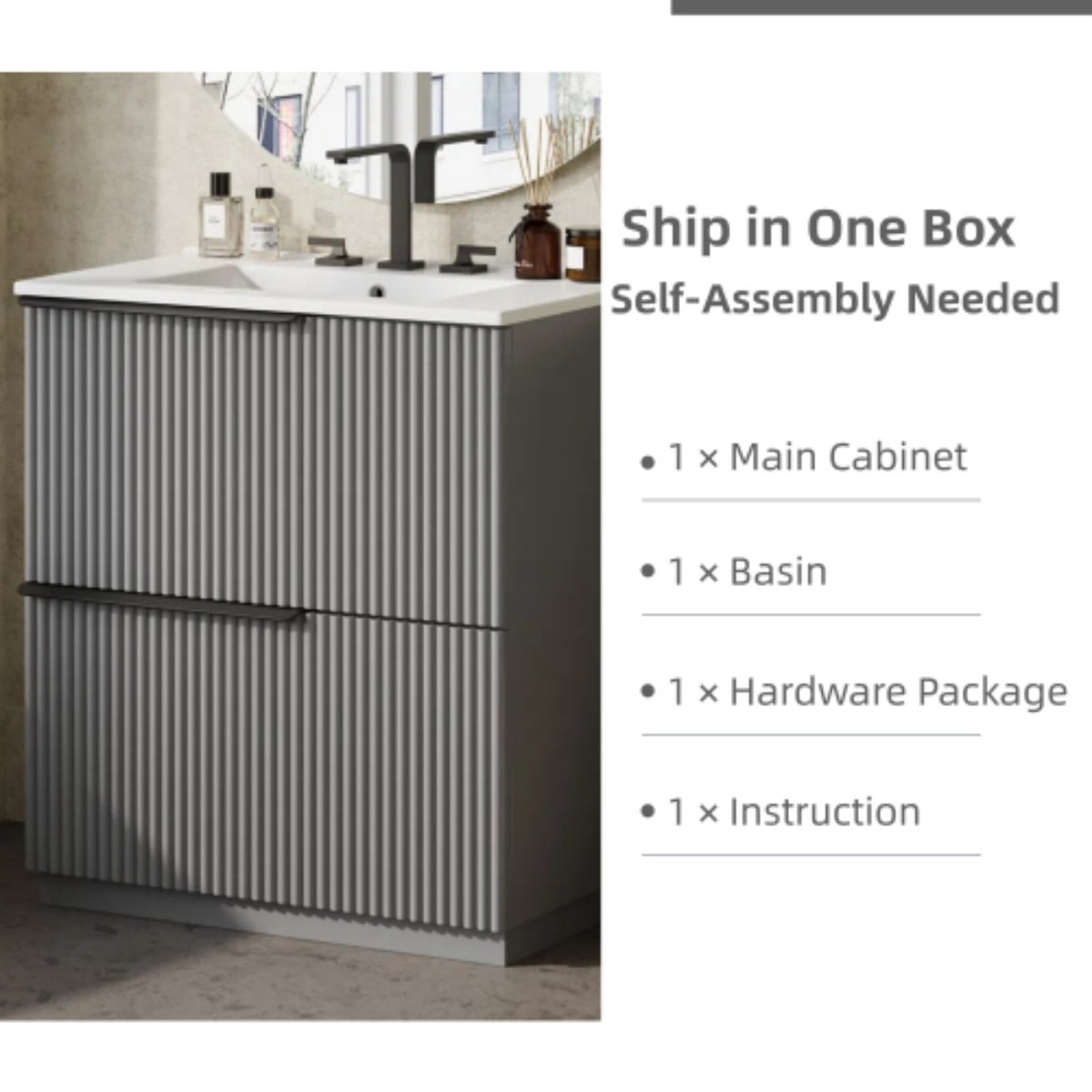 30" Bathroom Vanity with Ceramic Sink, Freestanding Bathroom Cabinet with Full Extension Drawers, Soft Close Slides, Fluted Design, Gray
