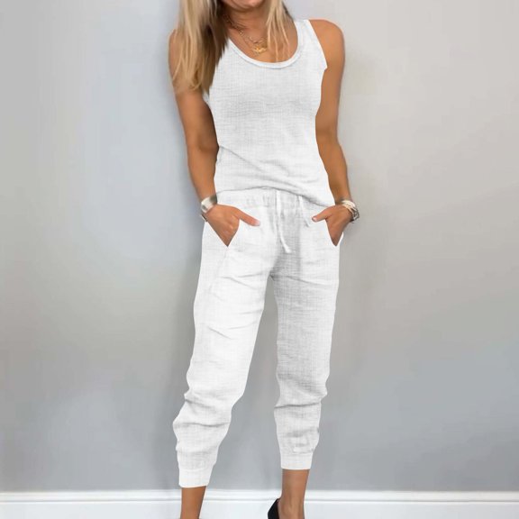 Karymi Blouses for Women 2-Piece Casual Outfit, Crew Neck Sleeveless Tank Top Elastic Drawstring Waist Jogger Pants with Pockets, Linen Blend Set 3/4 Length Sleeve Womens Tops