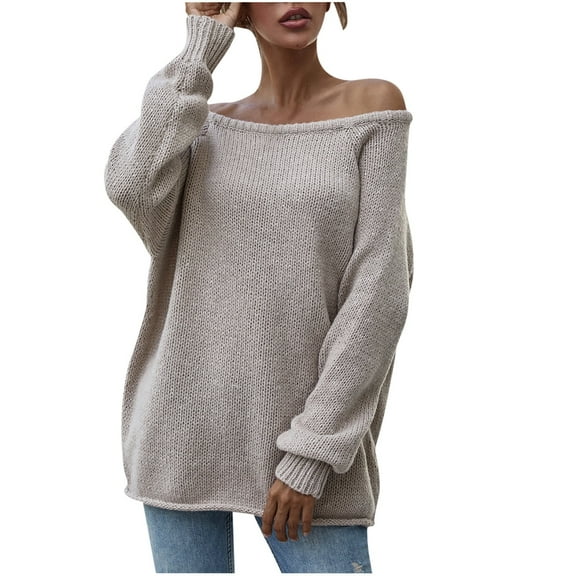 Ahabrexf Off The Shoulder Sweaters for Women Women's Autumn/Winter Off Shoulder Round Neck Pullover Knitted Loose Sweater Womens Pullover Sweaters